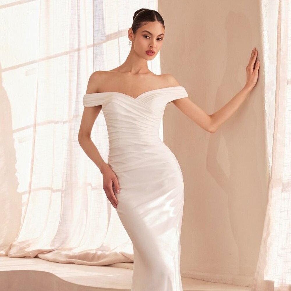 New Off White Wedding Dress w/ Off Shoulder Straps & Ruched Bodice CD T402W